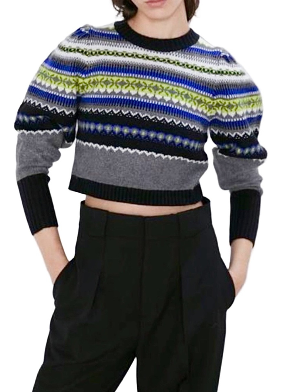 Zara wool blend cropped blue black yellow fair isle puff sleeve sweater M